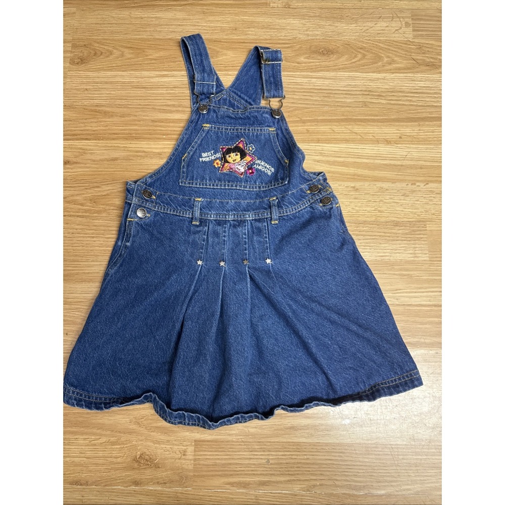 VTG 2003 Dora The Explorer Nick Jr Girls Denim Overall Jumper Dress Size 6